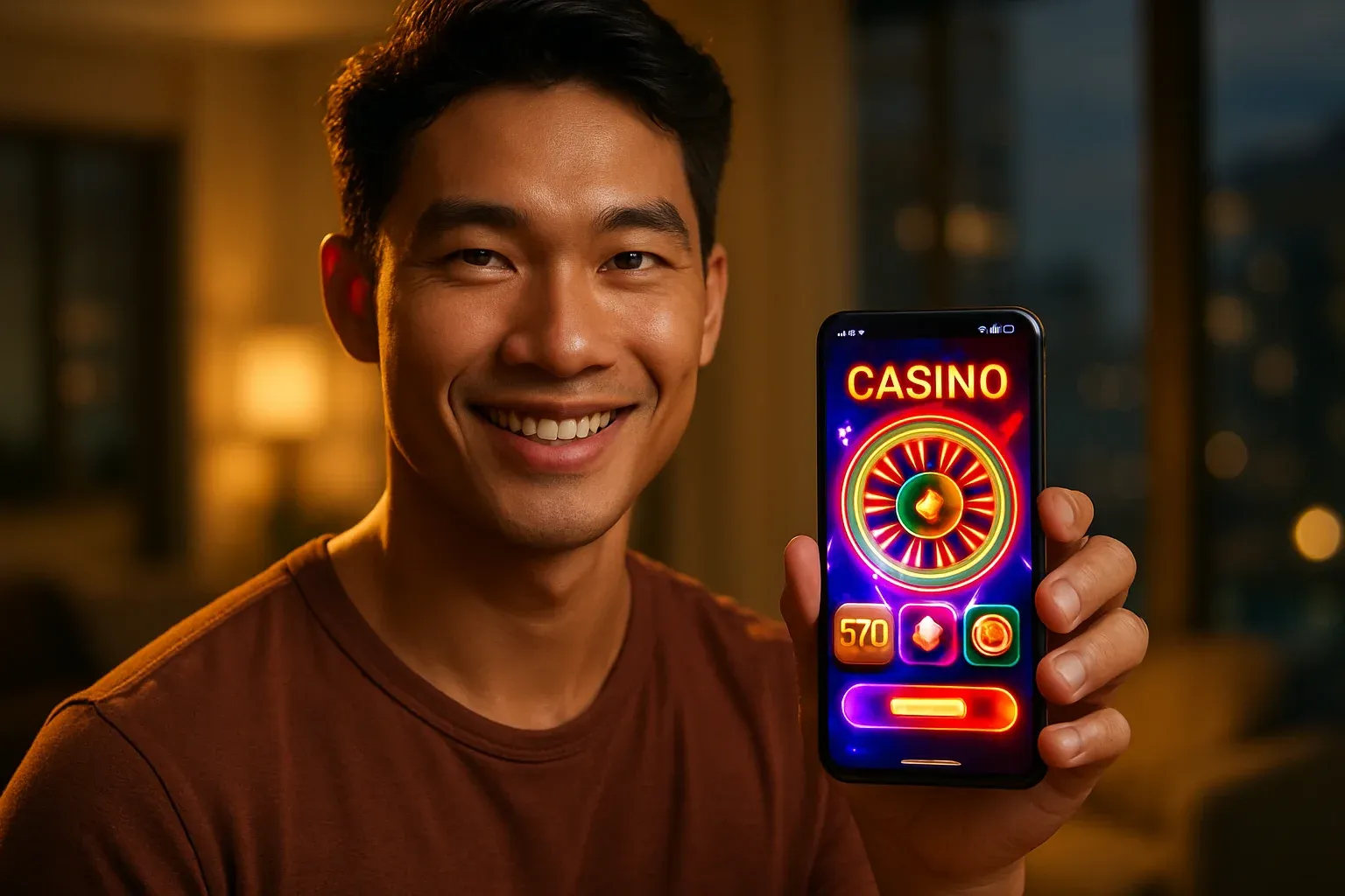 Nam thanh niên Việt Nam cầm điện thoại hiển thị ứng dụng casino rực rỡ