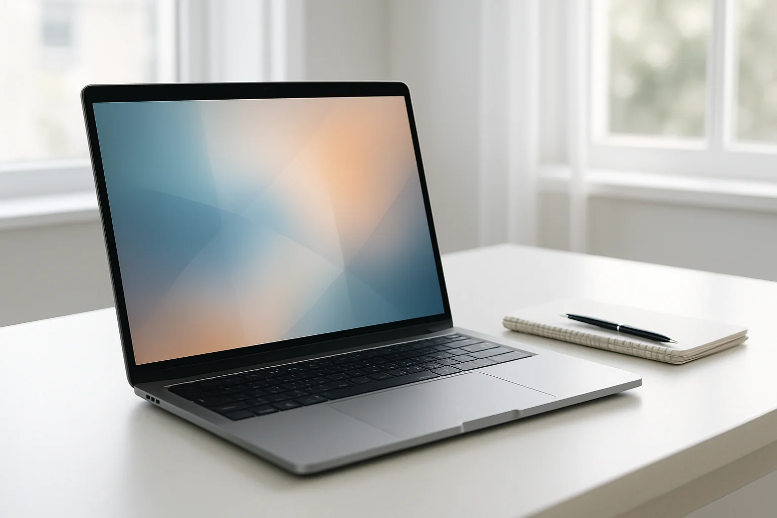 Laptop hiện đại trên bàn trắng với màn hình trừu tượng phát sáng