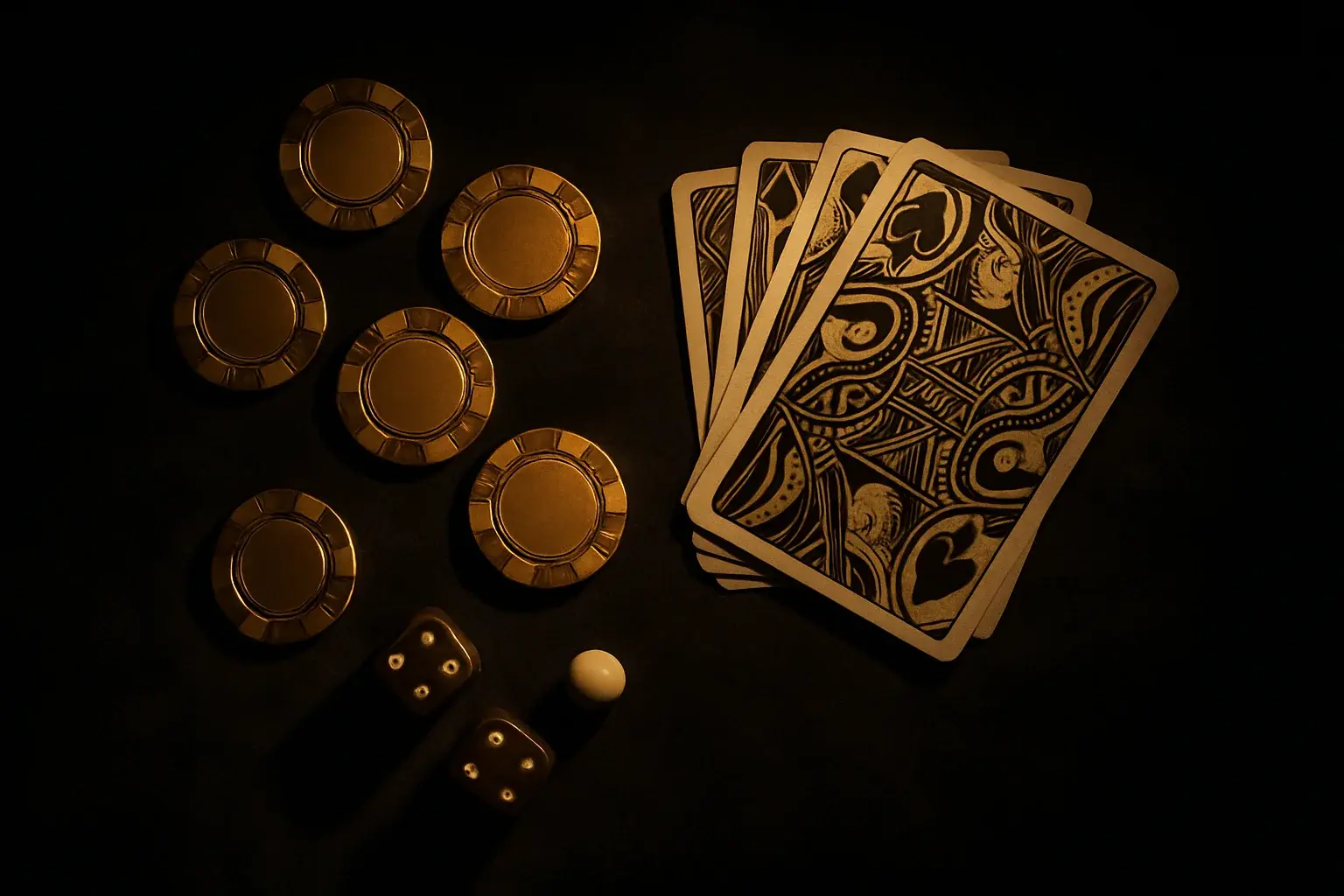Bề mặt nhung tối với chip vàng, bài, xúc xắc và bi roulette