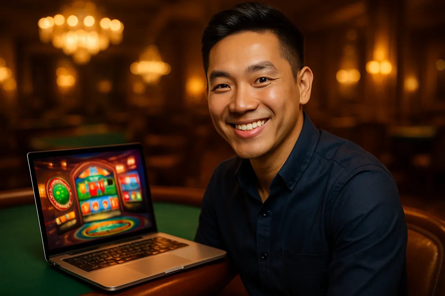 Người đàn ông Việt Nam tươi cười dùng laptop tại sảnh casino sang trọng