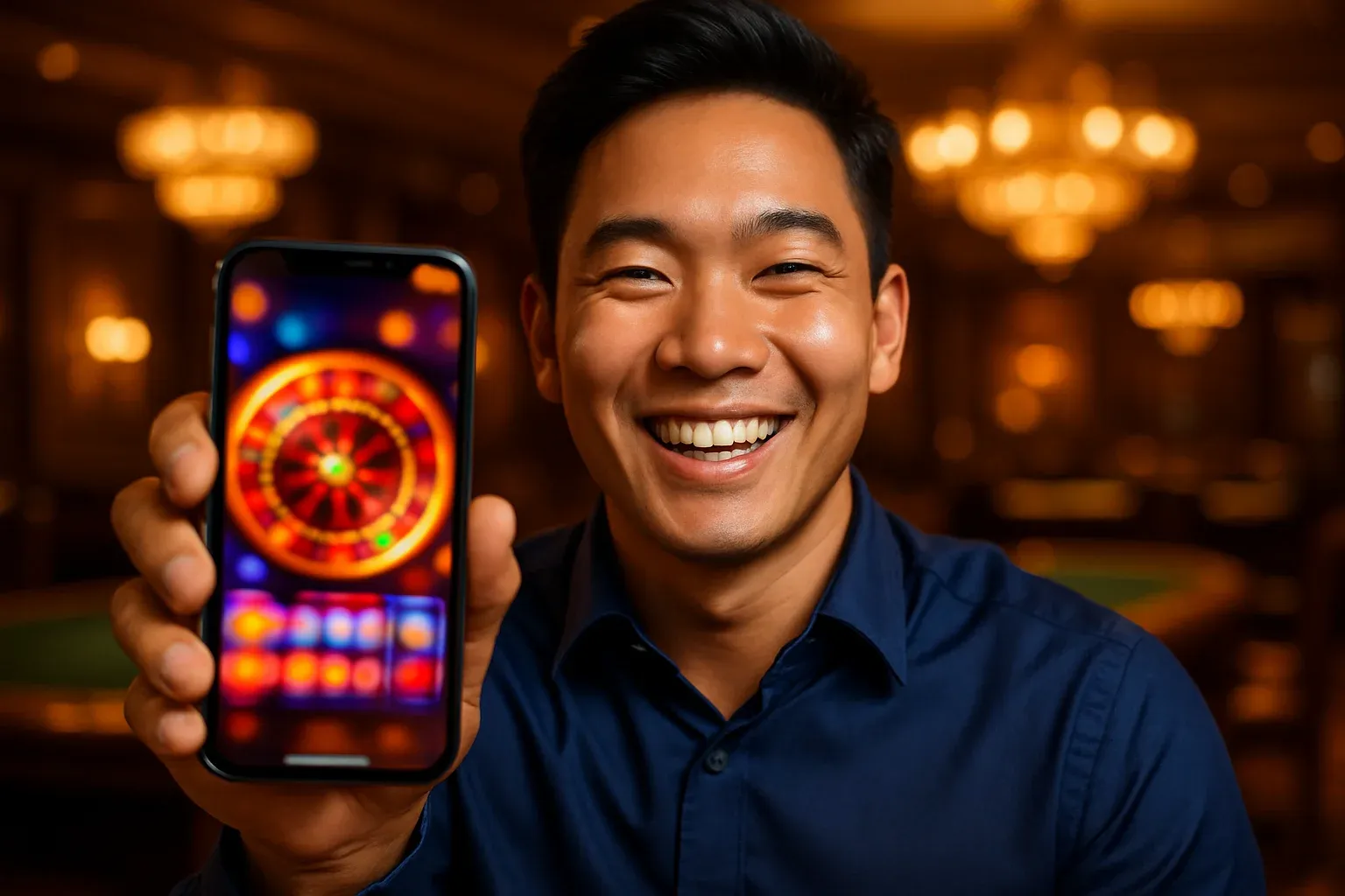 Chàng trai Việt Nam tươi cười cầm điện thoại hiển thị ứng dụng casino